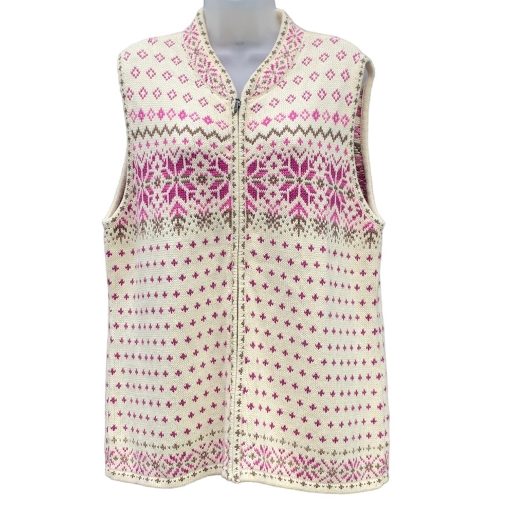 NOMADIC TRADERS Sz XL Cream & Purple Knitted Fair Isle‎ Zipper Sleeveless Vest.